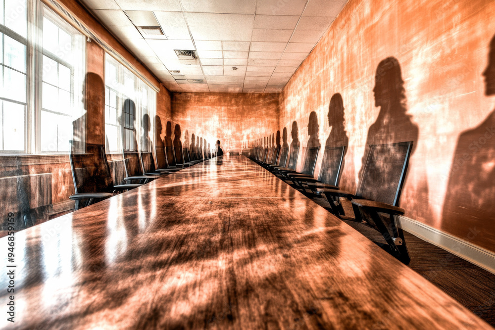 A long table with many chairs and a wall with people's shadows on it A long table with many chairs and a wall with people's shadows on it