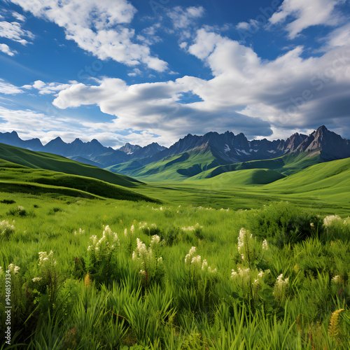 The Splendid Serenity of Nature - Vibrant Grasslands Against Majestic Mountains and Blue Skies