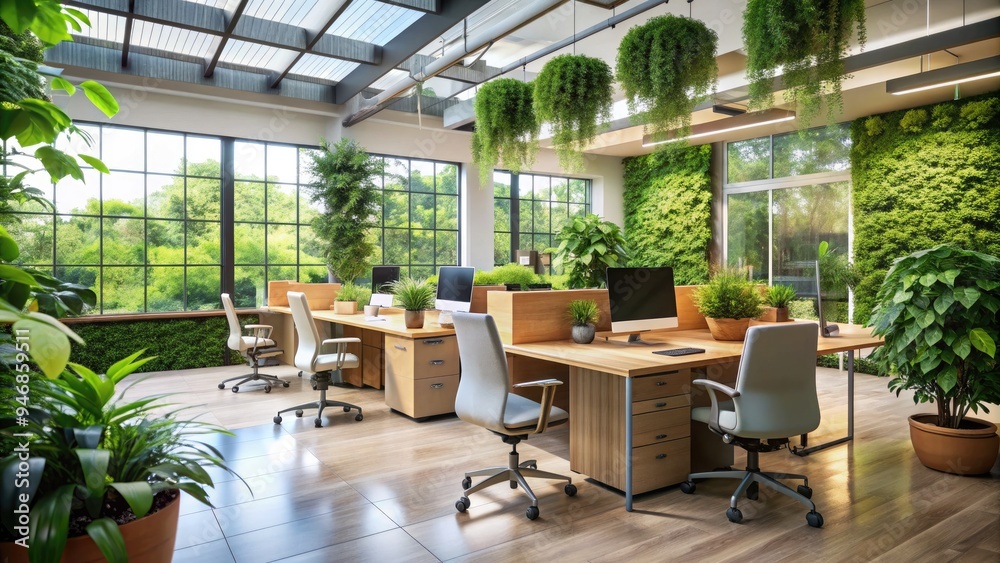 A serene office space with abundant natural light, ergonomic furniture, and lush greenery, conveying a supportive and healthy work environment that fosters employee well-being. A serene office space with abundant natural light, ergonomic furniture, and lush greenery, conveying a supportive and healthy work environment that fosters employee well-being.