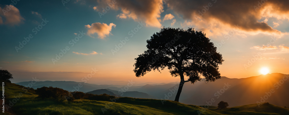 Silhouette of a Tree at Sunset Over Mountains Stock Illustration ...