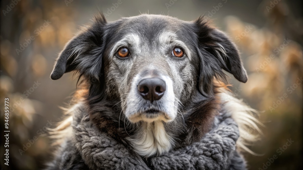 A serene senior canine with a wispy gray coat and cloudy eyes gazes directly at the camera, exuding warmth and worn wisdom from a life well-lived. A serene senior canine with a wispy gray coat and cloudy eyes gazes directly at the camera, exuding warmth and worn wisdom from a life well-lived.