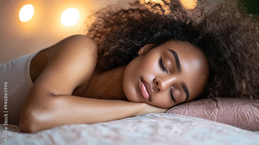 A Young Woman with Curly Hair Sleeping Peacefully on a Pillow A Young Woman with Curly Hair Sleeping Peacefully on a Pillow