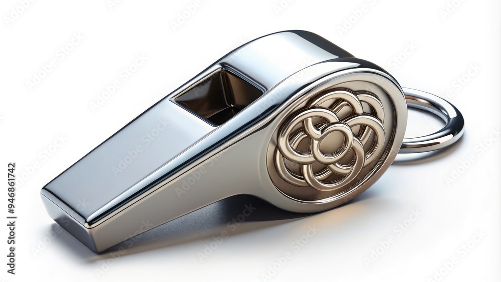 A shiny silver whistle with a modern, stylized logo of interconnected circles in the center, set against a clean white background, evoking creativity and unity. A shiny silver whistle with a modern, stylized logo of interconnected circles in the center, set against a clean white background, evoking creativity and unity.