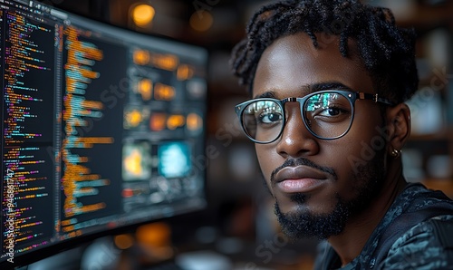  Inclusive image of a of a black IT school student studying at computer learning digital code online software ai cyber security threats. Artificial intelligence cyberspace data coding education 