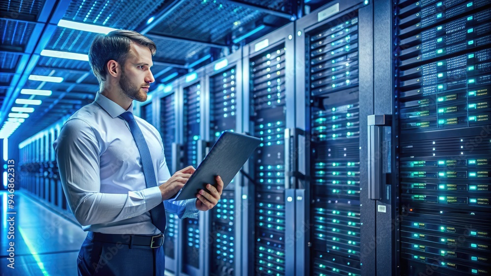 A skilled technician in a data center, surrounded by rows of humming mainframe computers, scrutinizes a complex system diagram with intense concentration. A skilled technician in a data center, surrounded by rows of humming mainframe computers, scrutinizes a complex system diagram with intense concentration.