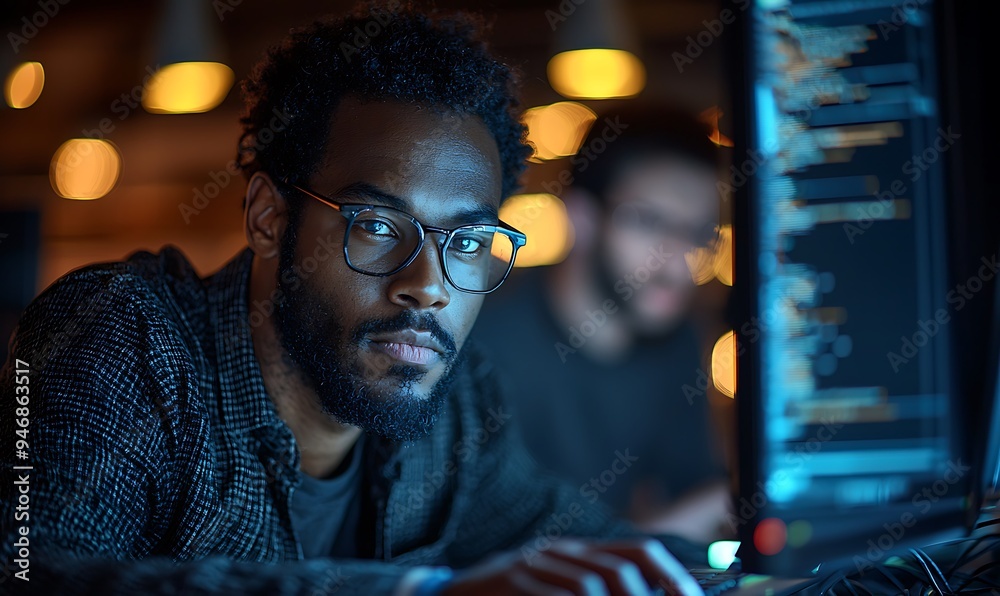 Inclusive image of a of a black IT school student studying at computer learning digital code online software ai cyber security threats. Artificial intelligence cyberspace data coding education Inclusive image of a of a black IT school student studying at computer learning digital code online software ai cyber security threats. Artificial intelligence cyberspace data coding education