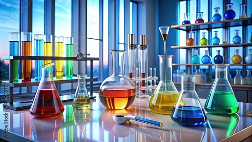 A sleek, modern laboratory workstation features a colorful array of beakers, test tubes, and petri dishes containing a newly developed scientific formula.