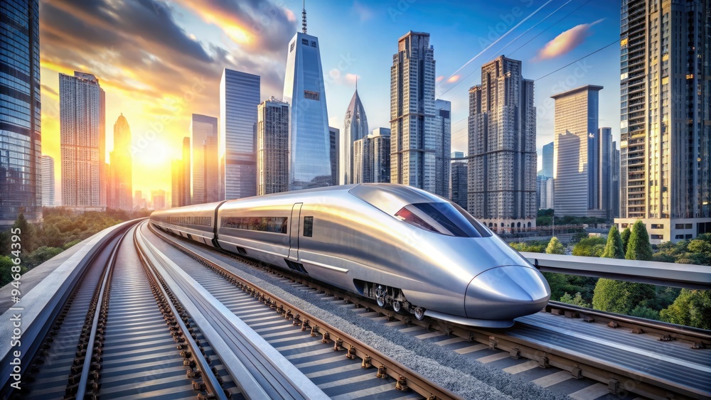 Fototapeta premium A sleek, silver bullet-shaped high-speed train zooms past a blurred urban landscape, emphasizing modernity, speed, and efficient transportation in a bustling metropolitan area.