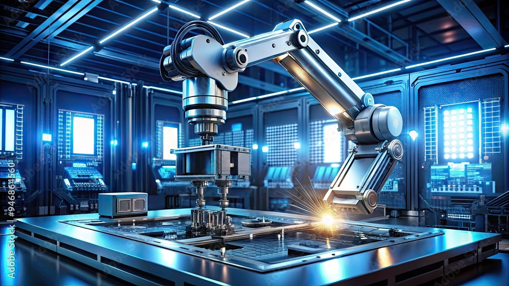 A sleek, silver robotic arm precision-crafts a glowing blue circuit board in a futuristic laboratory filled with holographic screens and advanced machinery. A sleek, silver robotic arm precision-crafts a glowing blue circuit board in a futuristic laboratory filled with holographic screens and advanced machinery.
