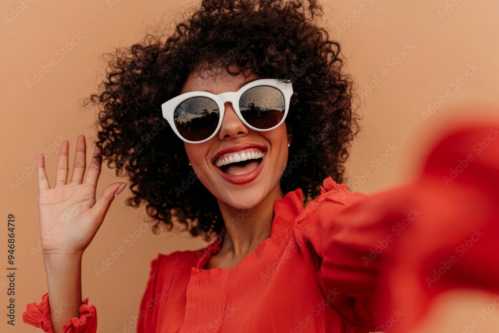 Stylish Woman in Red Taking a Selfie, Smiling and Waving with White Sunglasses, Curly Hair Adding Charm, Shot Against Isolated Beige Background with Natural Light Enhancing Vibrant Colors