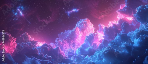 Vibrant neon blue and purple clouds in a surreal, cosmic sky. Dreamy fantasy landscape. Free copy space for text. photo