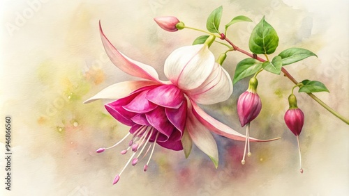 A soft, delicate watercolor painting features a vibrant fuchsia flower with subtle petals and stems set against a creamy white background with gentle texture.