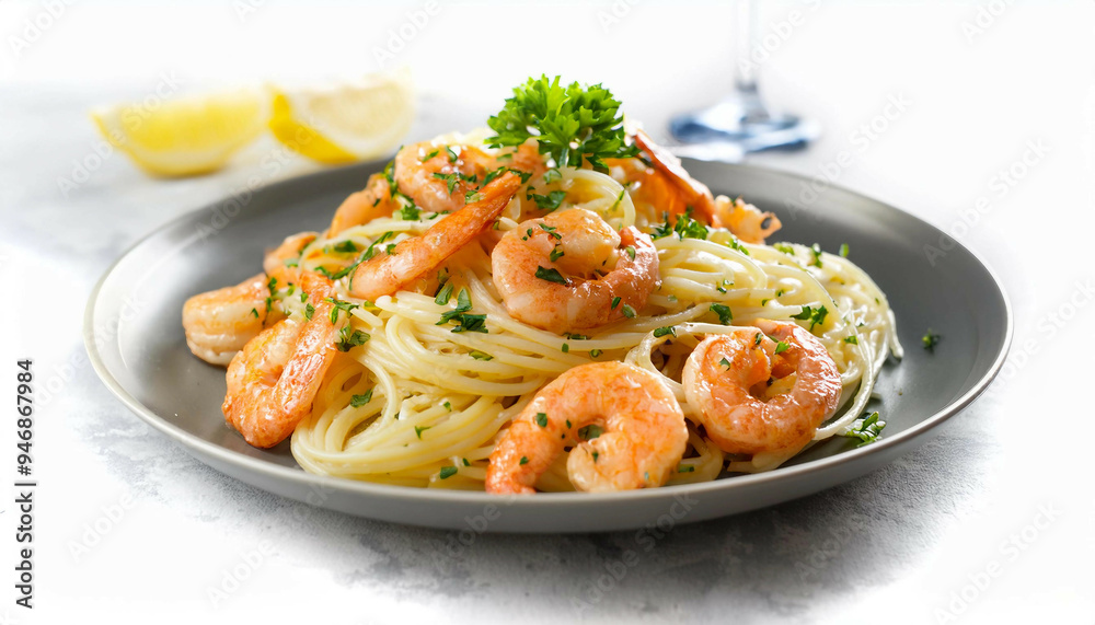 Spaghetti with shrimp garnished with parsley on a gray plate, with lemon halves and fresh parsley visible in the background on a white surface. Spaghetti with shrimp garnished with parsley on a gray plate, with lemon halves and fresh parsley visible in the background on a white surface.