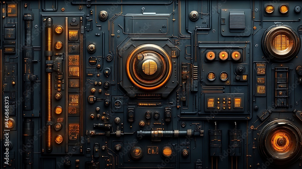 Futuristic control panel with glowing orange lights and various buttons, switches and dials. Futuristic control panel with glowing orange lights and various buttons, switches and dials.