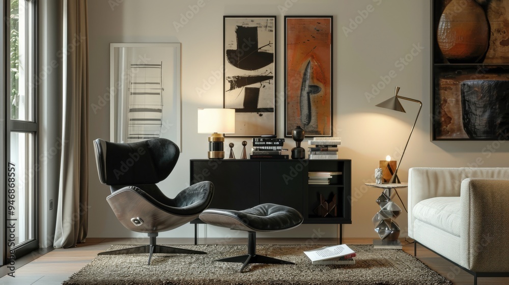 Fototapeta premium Urban Oasis: Modern Living Room with Black Commode and Elegant Decor