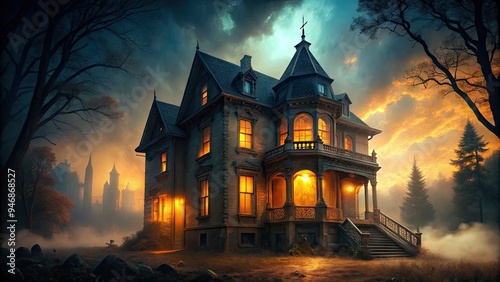 A spooky old mansion window glows with an eerie orange light, casting an ominous shadow on the foggy night sky, perfect for a haunting Halloween atmosphere. photo