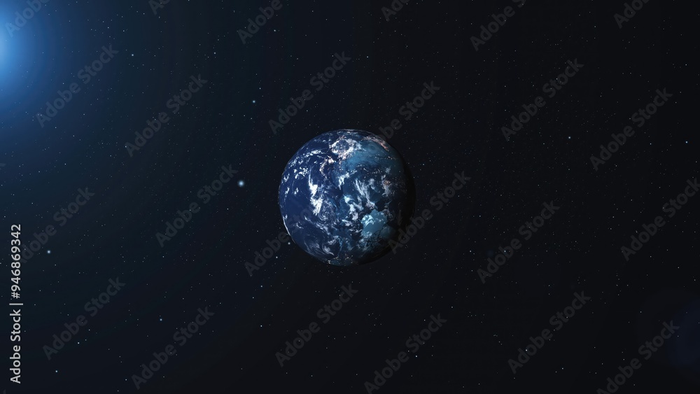 Obraz premium A stunning view of Earth in space showcasing its vibrant colors and features with stars twinkling in the dark background