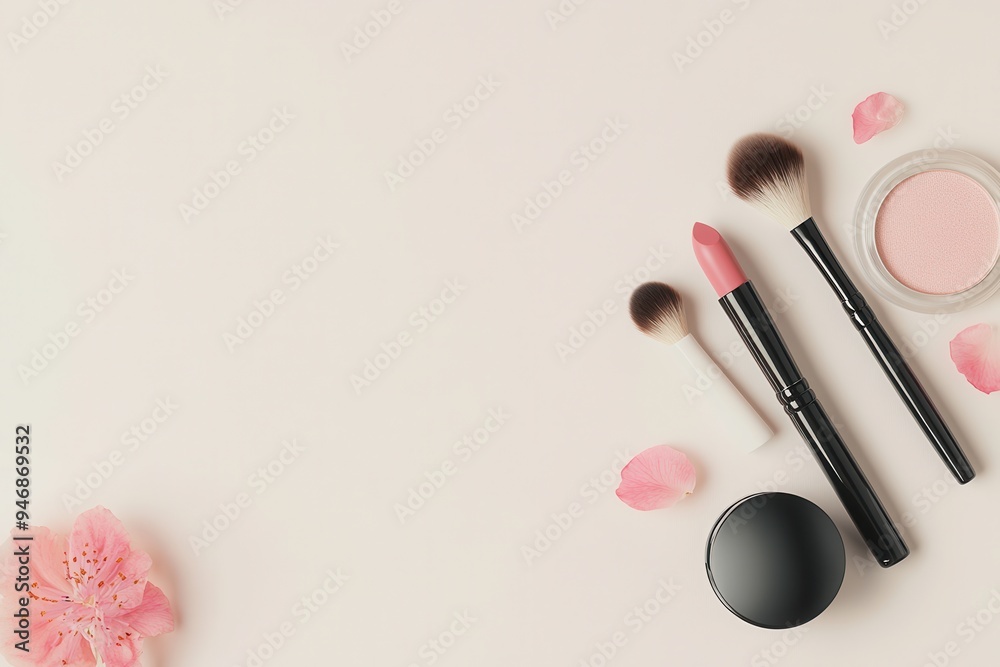 Cosmetic products are arranged neatly on a light surface, showcasing lipstick, makeup brushes, and powder with flower petals. Generative AI Cosmetic products are arranged neatly on a light surface, showcasing lipstick, makeup brushes, and powder with flower petals. Generative AI