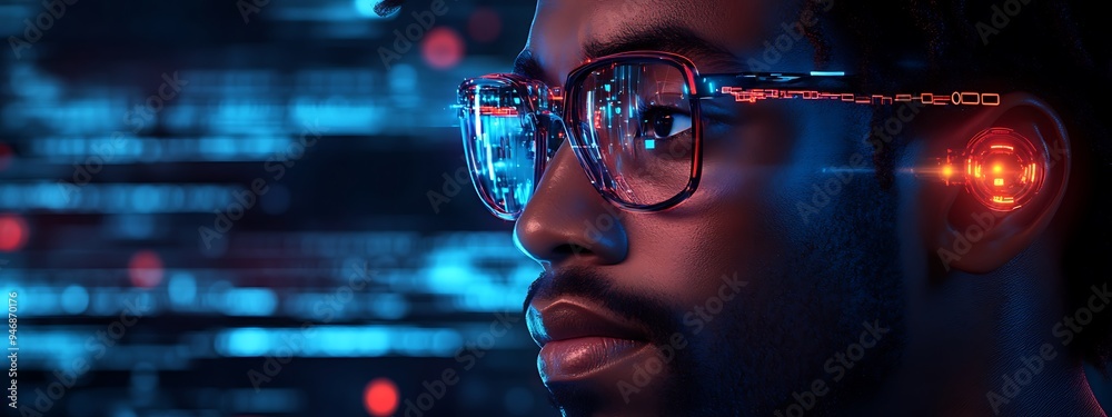 artificial intelligence cyber security risks illustration concept AI banner. Black african american male IT specialist analyzing data information technology privacy threat AR artificial intelligence artificial intelligence cyber security risks illustration concept AI banner. Black african american male IT specialist analyzing data information technology privacy threat AR artificial intelligence
