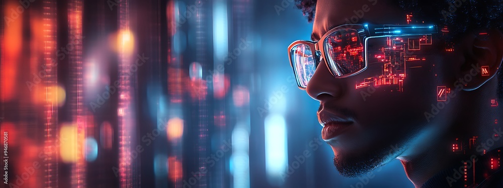 artificial intelligence cyber security risks illustration concept AI banner. Black african american male IT specialist analyzing data information technology privacy threat AR artificial intelligence artificial intelligence cyber security risks illustration concept AI banner. Black african american male IT specialist analyzing data information technology privacy threat AR artificial intelligence