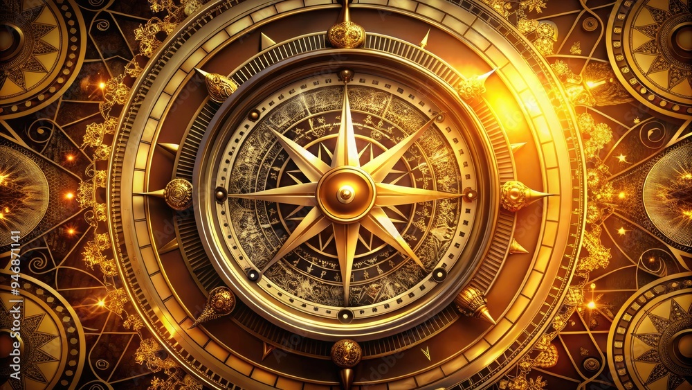 Fototapeta premium A stylized illustration of a golden compass surrounded by intricate geometric patterns and swirling shapes, conveying guidance, navigation, and dynamic movement.