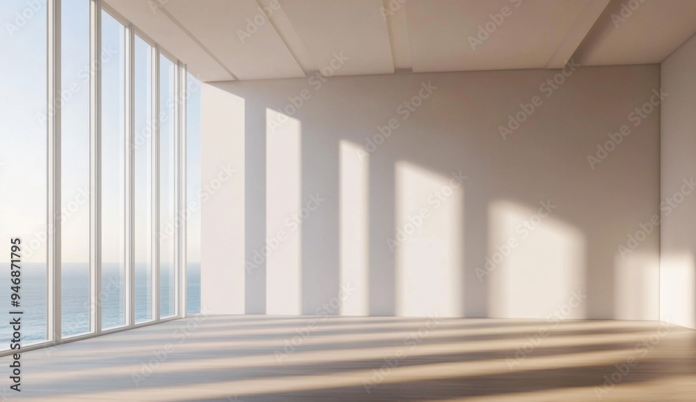 Fototapeta premium Minimalist Room with Soft Sunlight Streaming Through Large Window Overlooking the Ocean, Creating Gentle Shadows on the Floor, Showcasing the Beauty of Natural Light and Minimalist Interior Design
