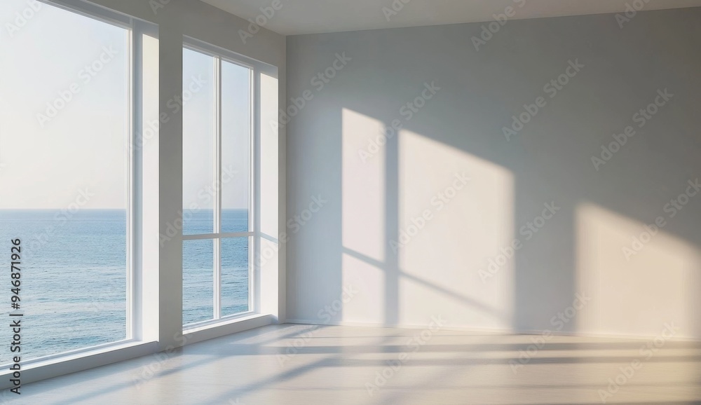 Obraz premium Minimalist Room with Soft Sunlight Streaming Through Large Window Overlooking the Ocean, Creating Gentle Shadows on the Floor, Showcasing the Beauty of Natural Light and Minimalist Interior Design
