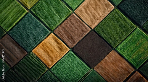 An aerial perspective showcasing vibrantly colored crop fields arranged in a striking diamond pattern, featuring a range of green, yellow, and brown hues, overseeing harvested and unharvested areas. photo