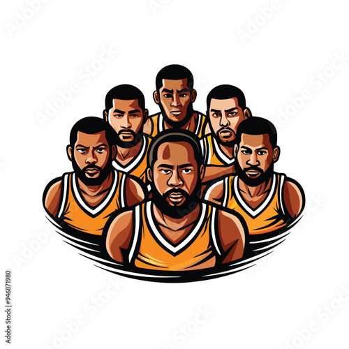 A group of six basketball players in a huddle, wearing orange and black uniforms.  They are facing forward and look serious, as if ready for a game.