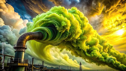 A swirling vortex of noxious, yellow-green gas emanates from a corroded industrial pipe, billowing clouds of hazardous, pollution-filled air into the atmosphere. photo