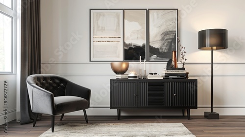 Wallpaper Mural Contemporary Elegance: Modern Living Room with Black Commode and Creative Decor  Torontodigital.ca