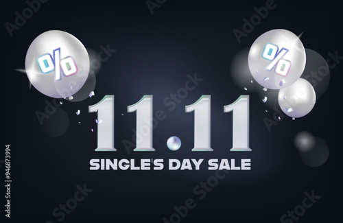 11.11 single day sale banner template design with balloon for web or social media. Silver 11 metallic number 3d illustration vector premium