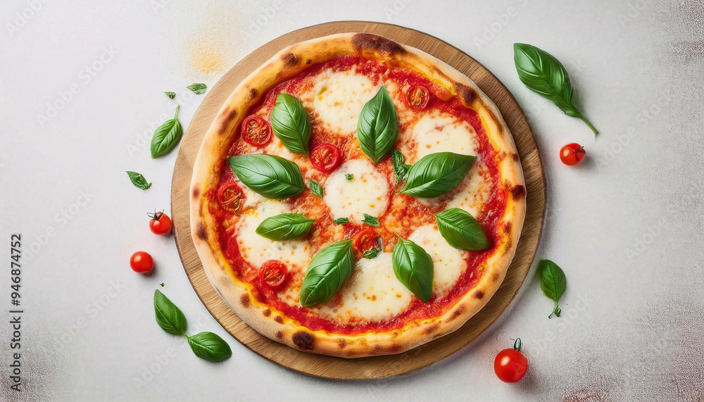 Top view of a classic Margherita pizza featuring melted mozzarella and basil garnish, placed on a wooden board, with additional basil leaves and tomatoes arranged nearby on a light surface. Top view of a classic Margherita pizza featuring melted mozzarella and basil garnish, placed on a wooden board, with additional basil leaves and tomatoes arranged nearby on a light surface.