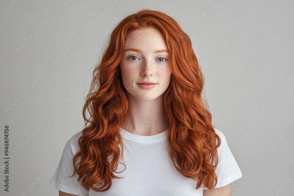 Young Woman with Red Hair Smiling in White T-Shirt Against Grey Background Young Woman with Red Hair Smiling in White T-Shirt Against Grey Background