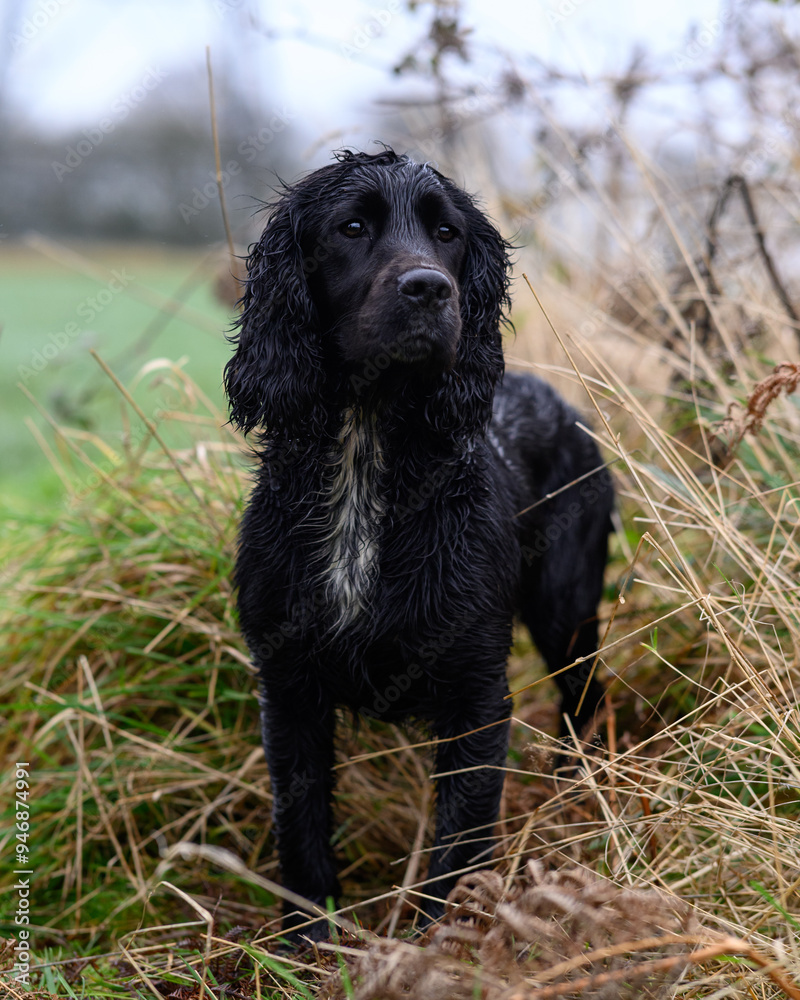 Sprocker Spaniel Wet Country Portrait: Detailed Image of a Friendly and Active Dog with Distinctive Features and Charming Personality Sprocker Spaniel Wet Country Portrait: Detailed Image of a Friendly and Active Dog with Distinctive Features and Charming Personality