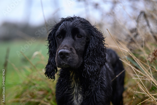 Sprocker Spaniel Wet Country Portrait: Detailed Image of a Friendly and Active Dog with Distinctive Features and Charming Personality