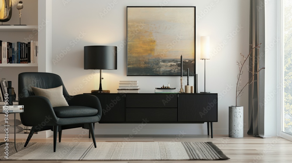 Fototapeta premium Sleek and Stylish: Modern Living Room with Black Commode and Artistic Decor