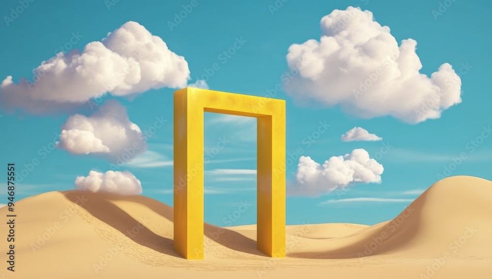 Surreal Yellow Abstract Gate Shape on Desert Dunes with Floating Clouds Surreal Yellow Abstract Gate Shape on Desert Dunes with Floating Clouds