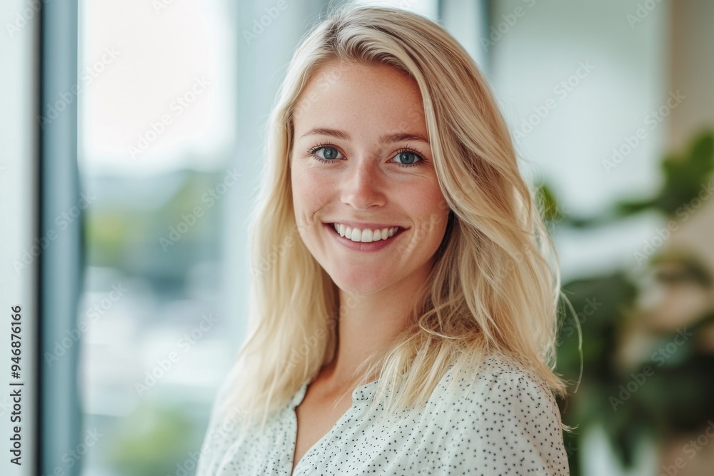 Portrait of a Smiling Blonde Woman in a Casual Shirt by an Office Window with Blurred Background and Bright Light, Captured Using a Canon EOS R5 Camera for a Professional Look Portrait of a Smiling Blonde Woman in a Casual Shirt by an Office Window with Blurred Background and Bright Light, Captured Using a Canon EOS R5 Camera for a Professional Look