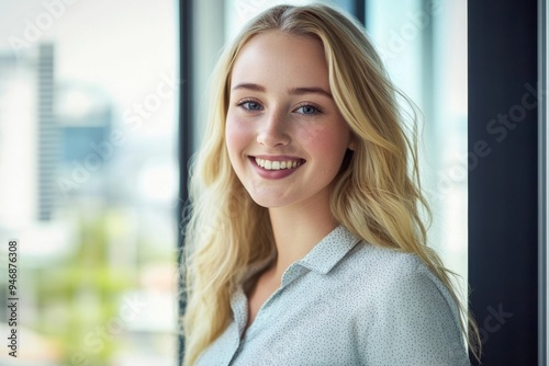 Portrait of a Smiling Blonde Woman in a Casual Shirt by an Office Window with Blurred Background and Bright Light, Captured Using a Canon EOS R5 Camera for a Professional Look