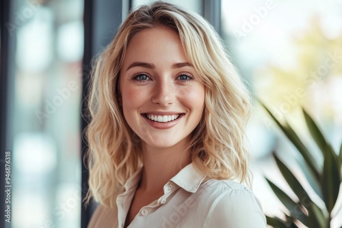 Portrait of a Smiling Blonde Woman in a Casual Shirt by an Office Window with Blurred Background and Bright Light, Captured Using a Canon EOS R5 Camera for a Professional Look