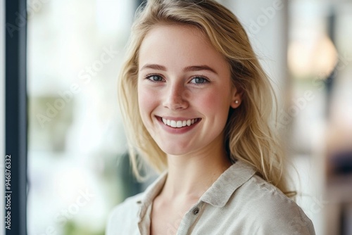 Portrait of a Smiling Blonde Woman in a Casual Shirt by an Office Window with Blurred Background and Bright Light, Captured Using a Canon EOS R5 Camera for a Professional Look