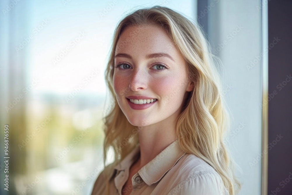 Portrait of a Smiling Blonde Woman in a Casual Shirt by an Office Window with Blurred Background and Bright Light, Captured Using a Canon EOS R5 Camera for a Professional Look Portrait of a Smiling Blonde Woman in a Casual Shirt by an Office Window with Blurred Background and Bright Light, Captured Using a Canon EOS R5 Camera for a Professional Look