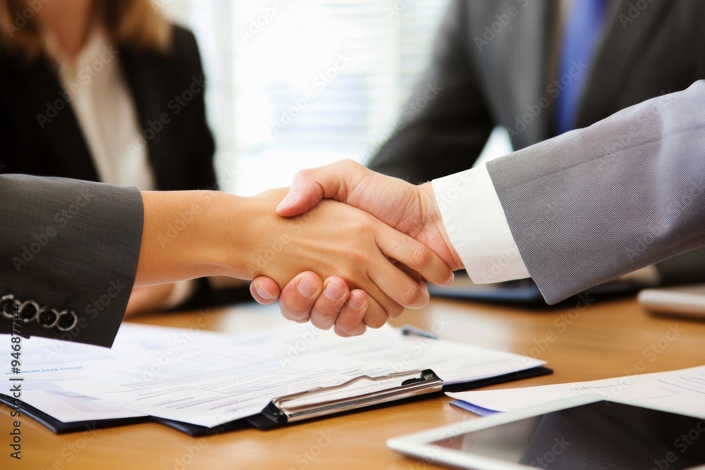 Close-Up of Business People Shaking Hands Over Documents and Tablets, Signifying Business Success and Collaboration in a Professional Office Setting