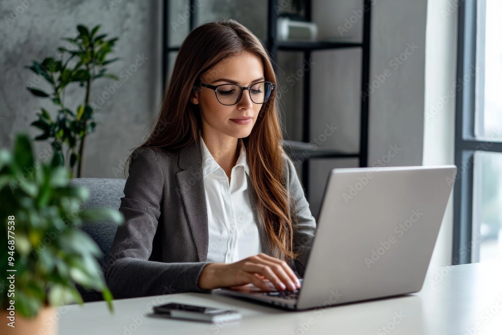 Businesswoman with Long Brown Hair in Glasses, Focused on Laptop Work at a Modern Office Desk with Minimalist Design, Wearing a Suit Jacket Over a White Shirt, in a Bright Gray Interior Businesswoman with Long Brown Hair in Glasses, Focused on Laptop Work at a Modern Office Desk with Minimalist Design, Wearing a Suit Jacket Over a White Shirt, in a Bright Gray Interior