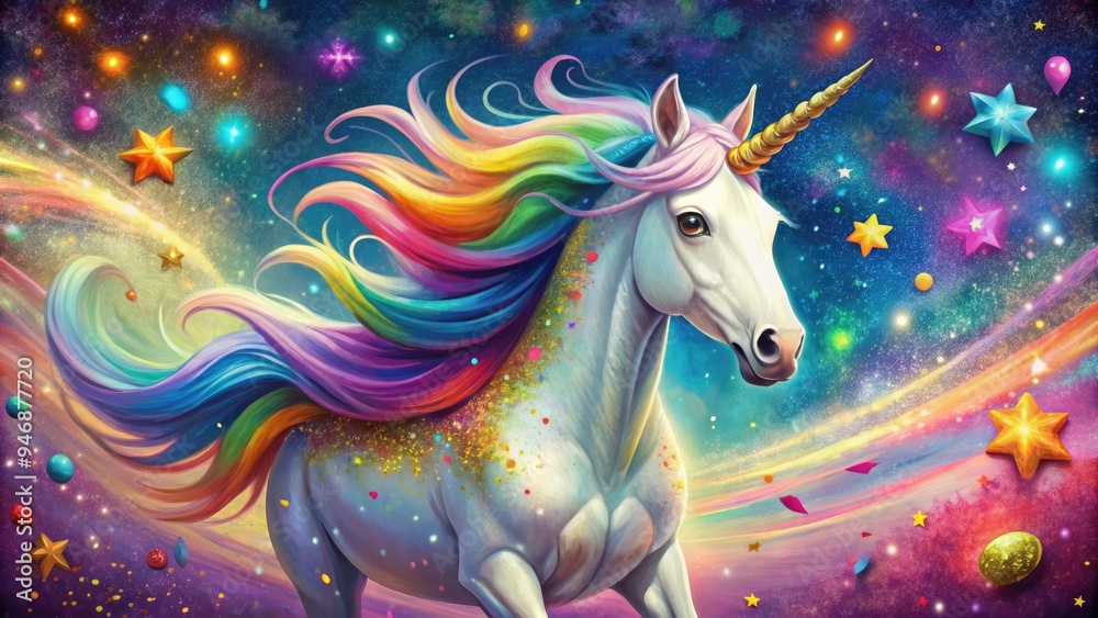 A whimsical, rainbow-maned unicorn with a shimmering horn and sparkly eyes dabs with a furry hoove, surrounded by confetti and glittering starlight. A whimsical, rainbow-maned unicorn with a shimmering horn and sparkly eyes dabs with a furry hoove, surrounded by confetti and glittering starlight.