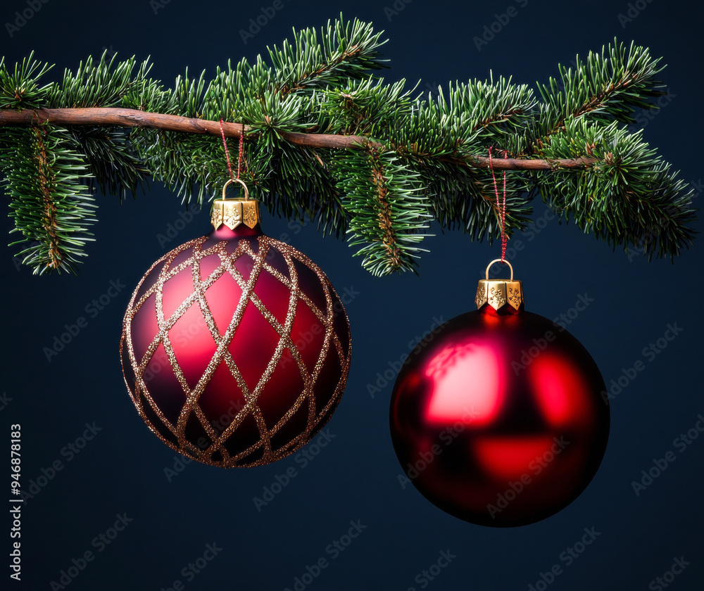 Christmas ornaments hanging from a pine branch, set against a dark blue background, capturing the festive holiday spirit. Christmas ornaments hanging from a pine branch, set against a dark blue background, capturing the festive holiday spirit.