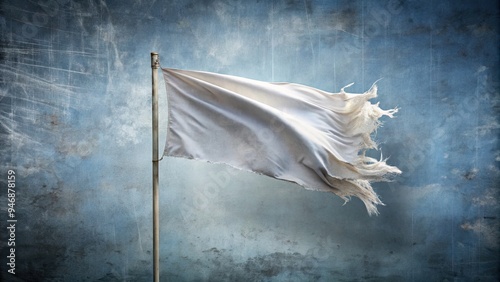 A worn and tattered white flag waves in defeat, symbolizing surrender, against a subtle background of faded blues and grays, conveying a sense of resignation. photo