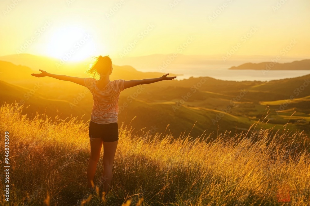 Fototapeta premium Woman with Outstretched Arms Standing on a Grassy Hill Overlooking the Ocean at Sunrise, Bathed in Warm Golden Light, Capturing a Serene and Joyful Moment of Freedom and Nature's Beauty