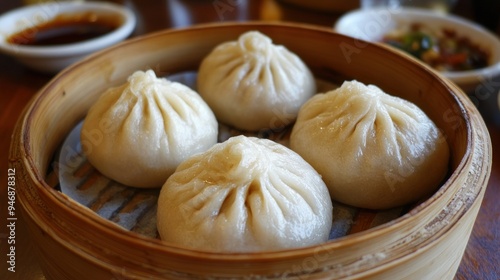 Steamed Pork Buns in a Bamboo Steamer